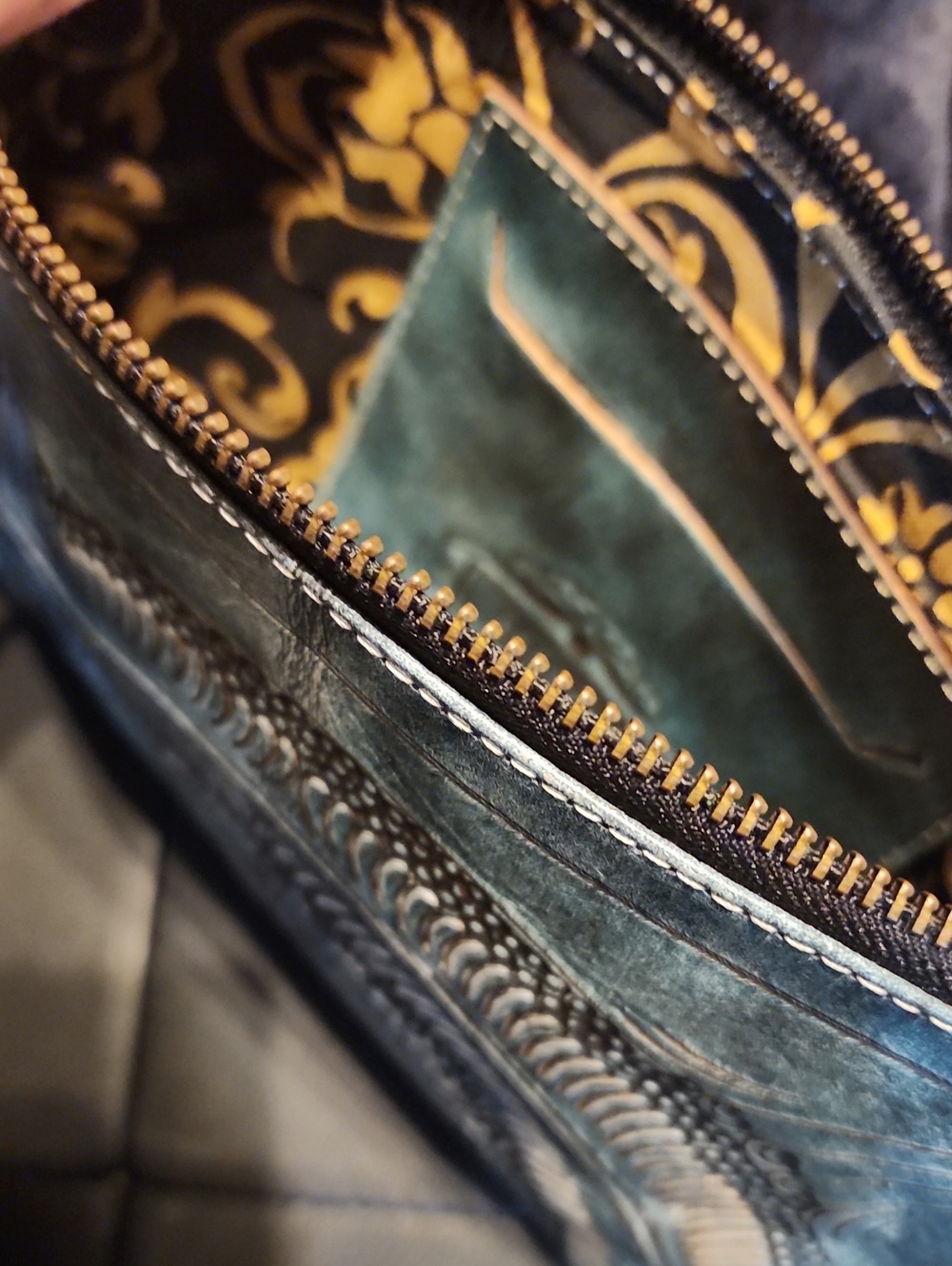 Hand-Tooled Turquoise Leather Wristlet Clutch - Picture 14 of 15